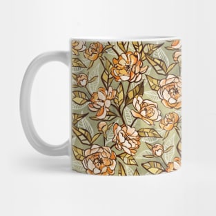 Chalk Pastel Peonies in Soft Apricot and Sage Green Mug